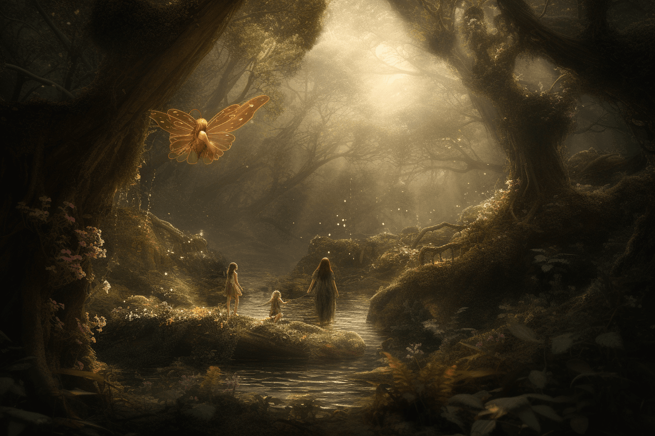 A dreamy forest scene with fairies