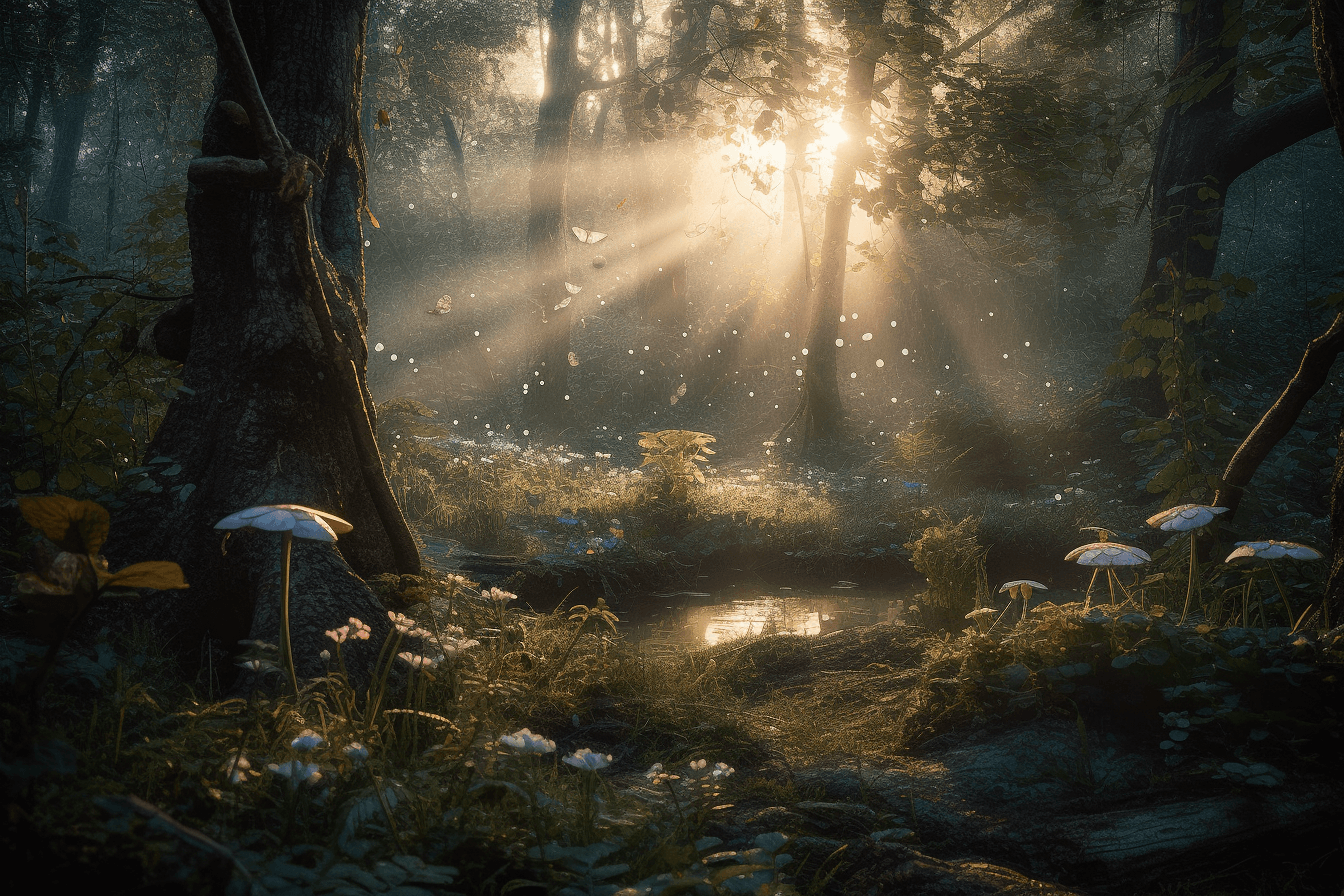 A dreamy forest scene with fairies