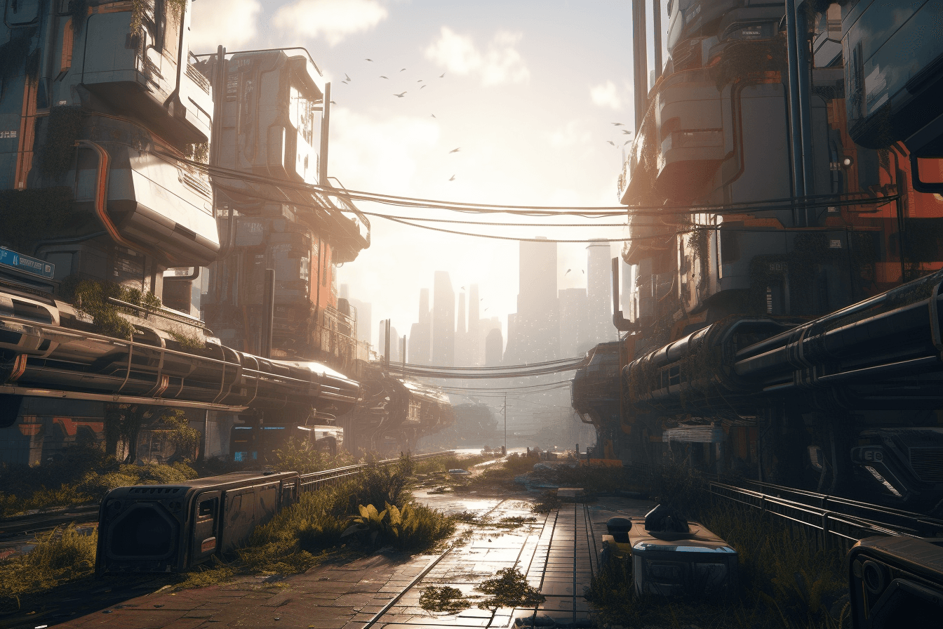 A futuristic cityscape where AInauts and AI work together to create massive, sustainable structures and infrastructure.