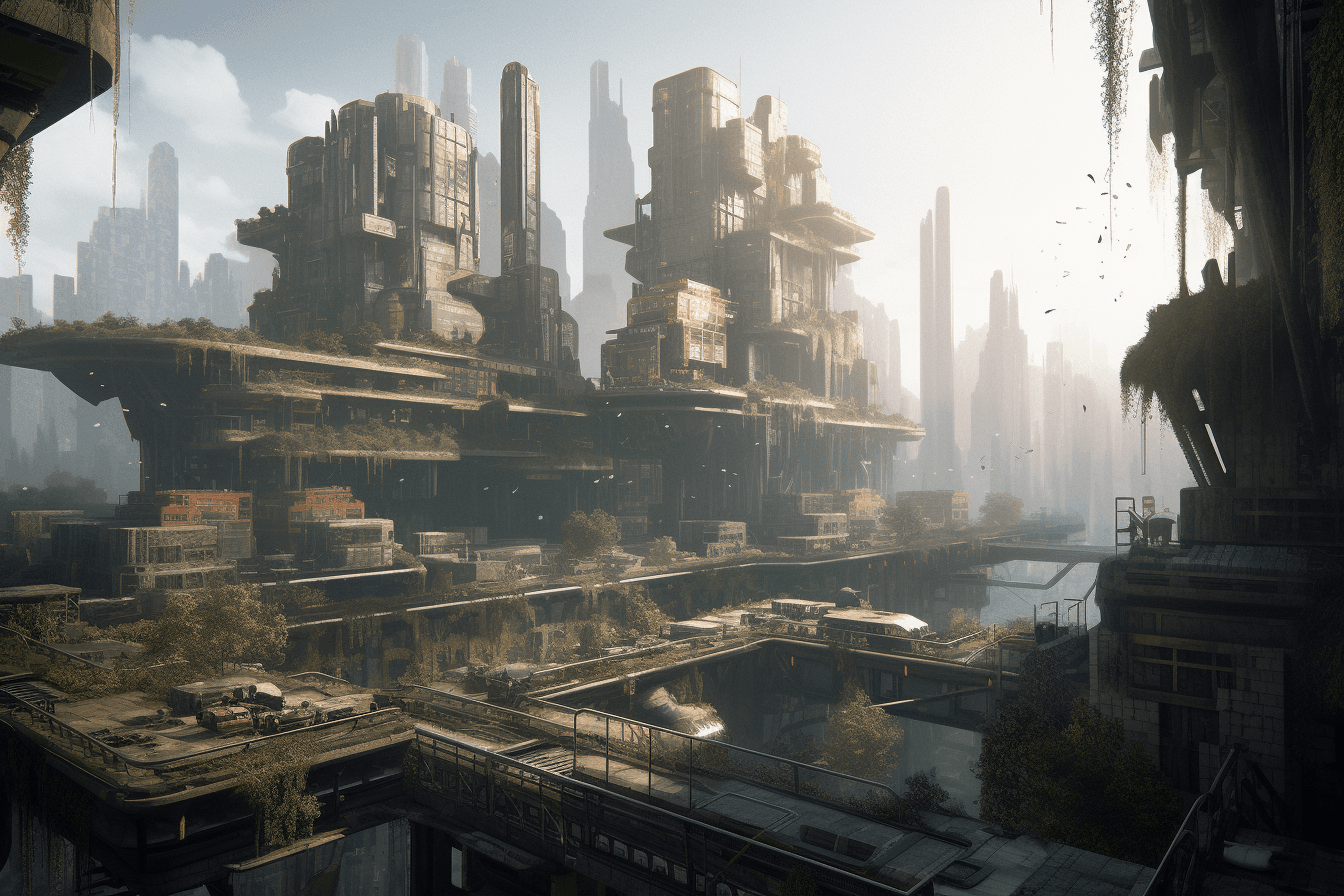 A futuristic cityscape where AInauts and their AI counterparts work together to build towering skyscrapers and infrastructure.