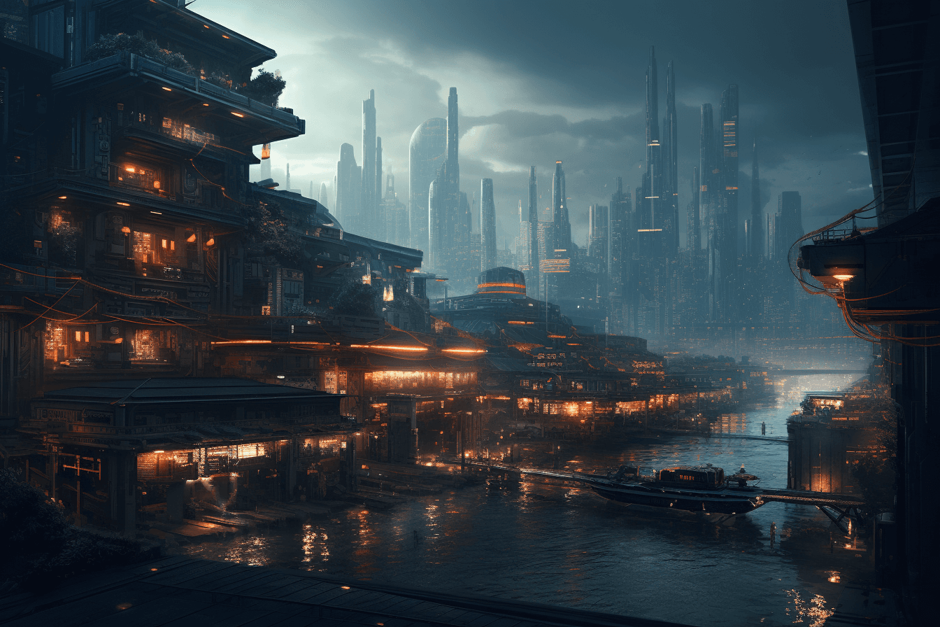 A futuristic cityscape where AInauts use advanced AI technology to monitor and maintain the city's infrastructure and systems.