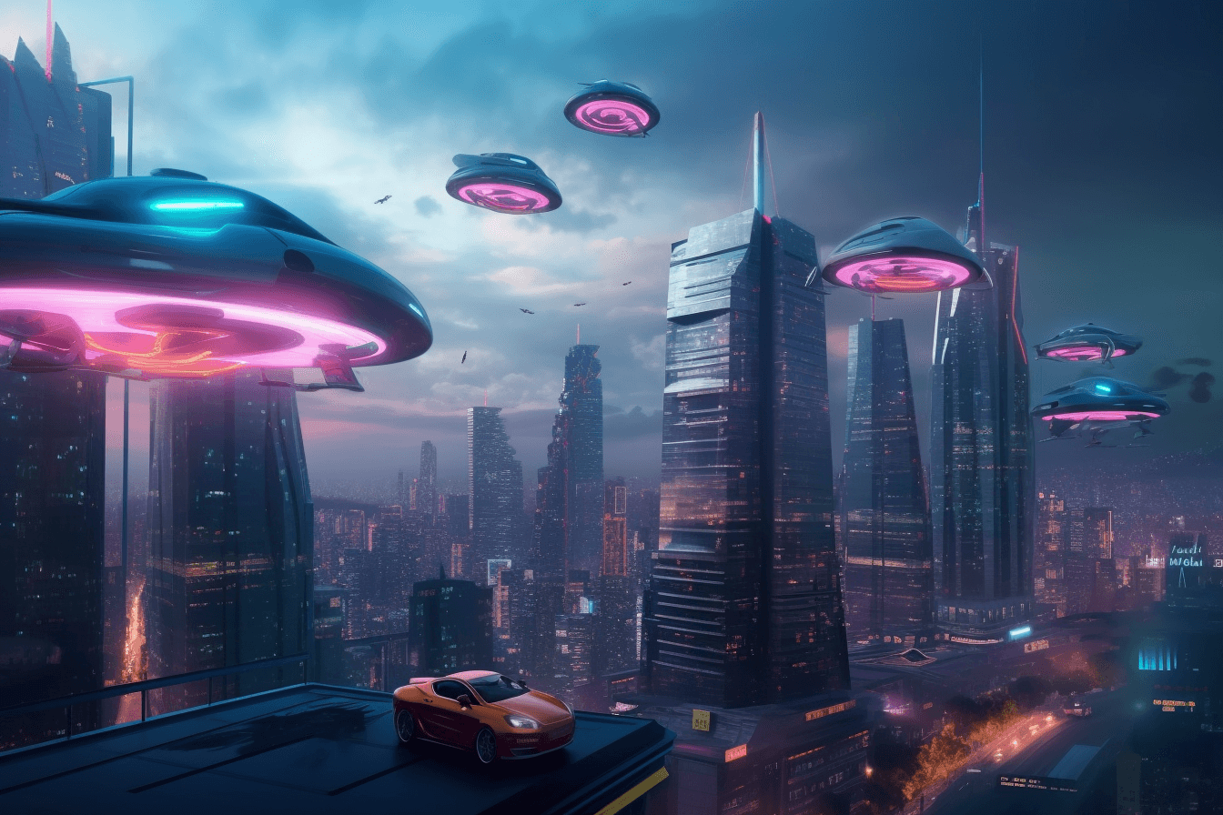 A futuristic cityscape with holographic billboards and flying cars