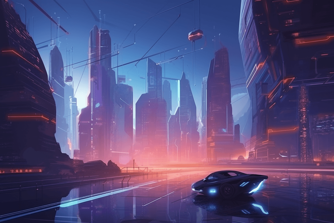 A futuristic cityscape with holographic billboards and flying cars