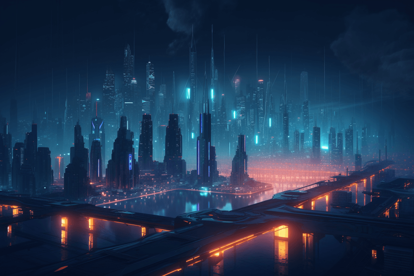 A futuristic metropolis at night