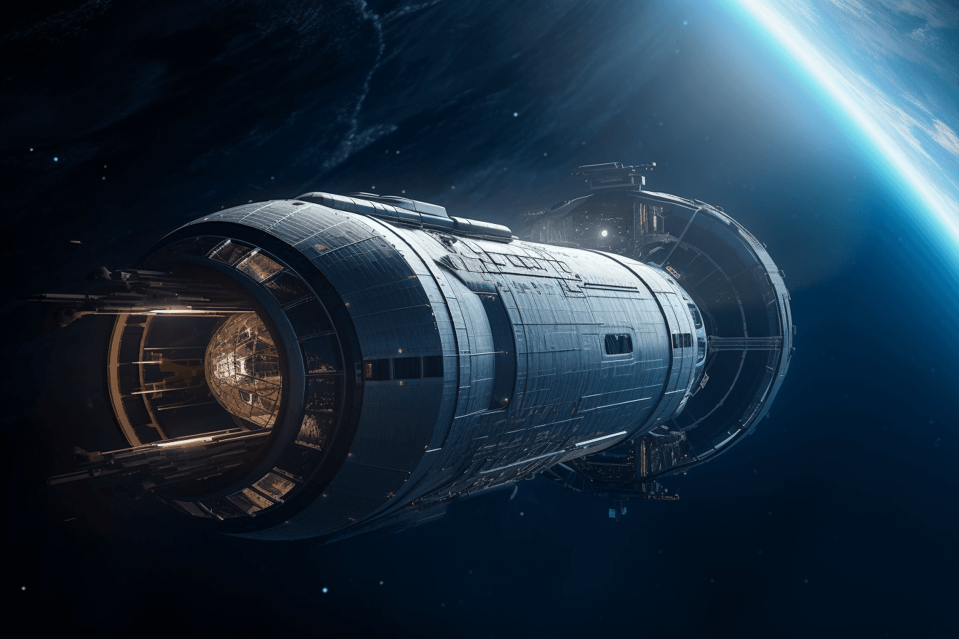 A futuristic spaceship crewed entirely by AInauts, traveling through the vast expanse of space on a mission of discovery.