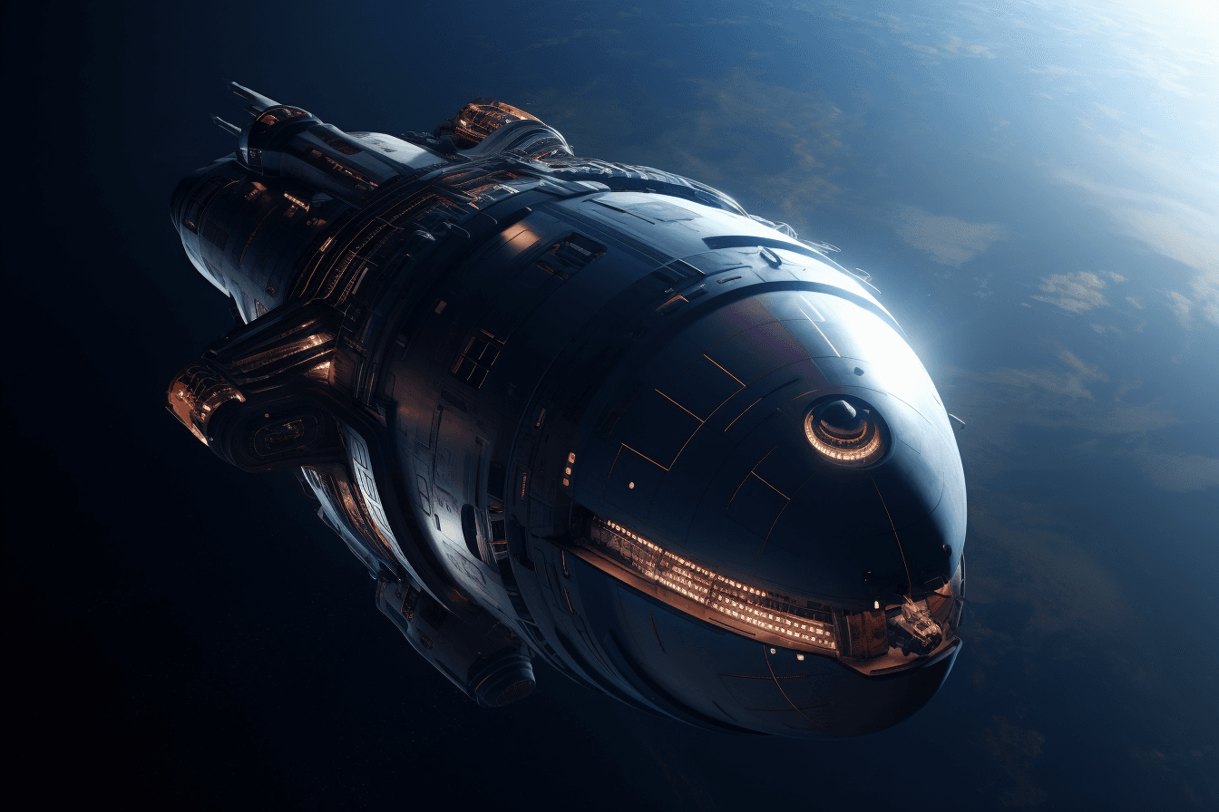 A futuristic spaceship crewed entirely by AInauts, traveling through the vast expanse of space on a mission of discovery.