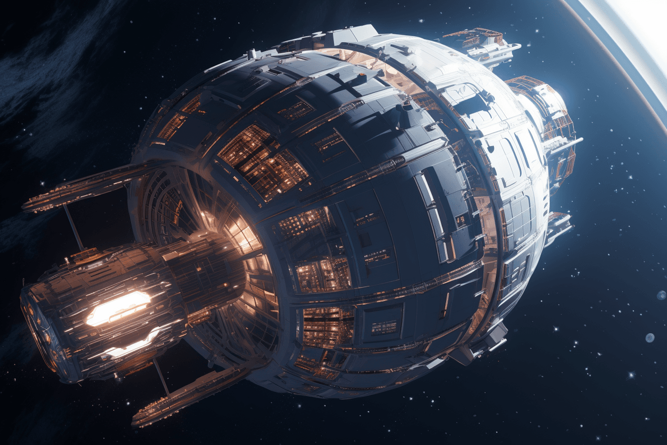 A futuristic spaceship crewed entirely by AInauts, traveling through the vast expanse of space on a mission of discovery.