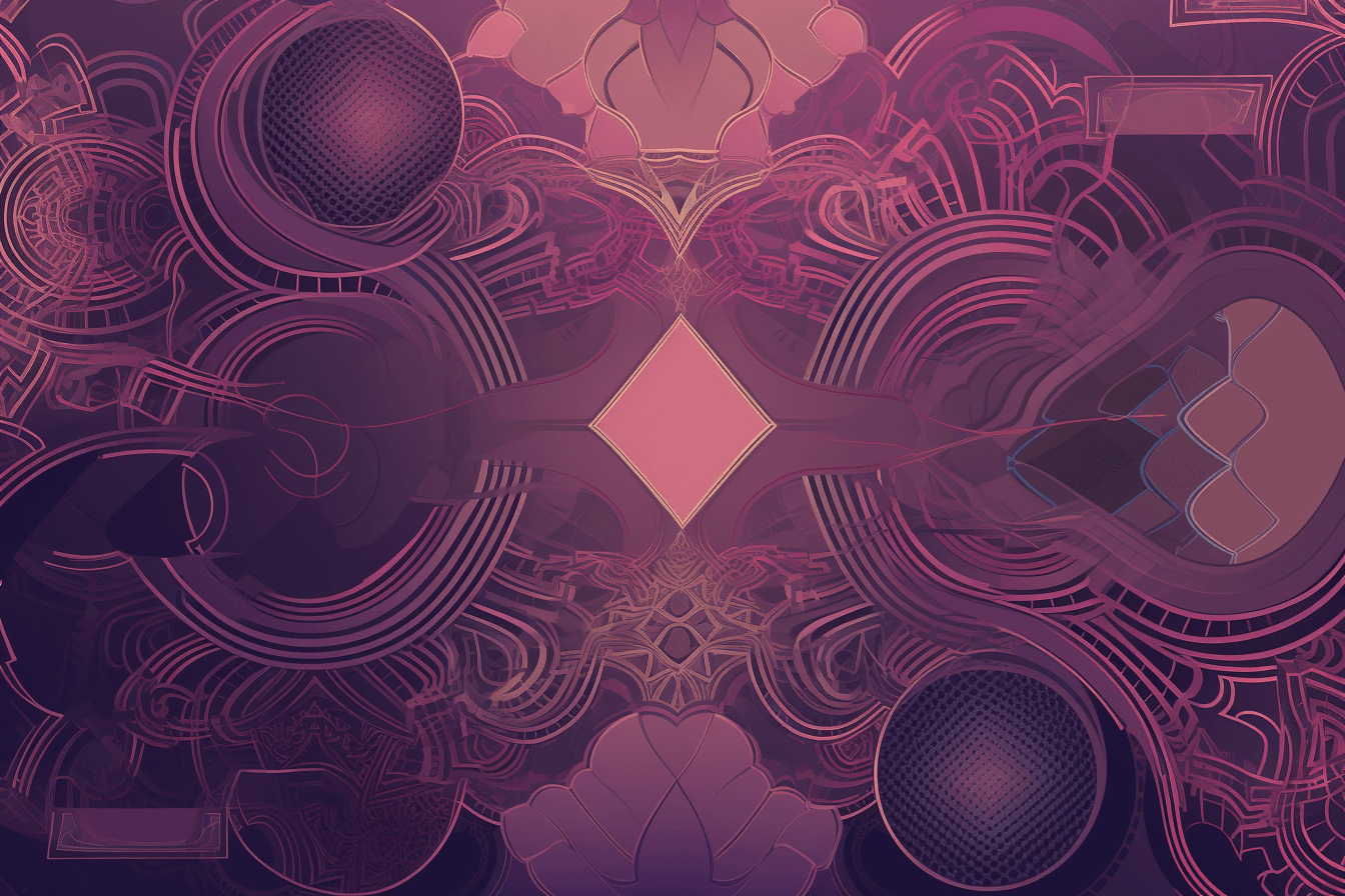 A geometric design in shades of purple and pink, inspired by the shape of a quantum computer