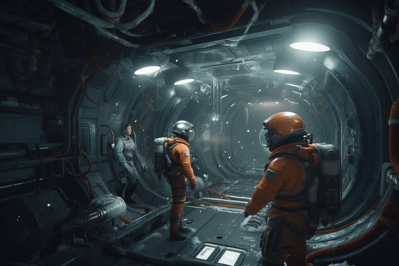 A group of AInauts and their AI companions exploring a massive, abandoned spacecraft floating in the depths of space.