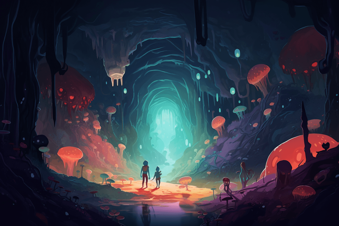 A group of AInauts exploring an underground cavern on a distant planet, with glowing fungi and strange creatures all around them.