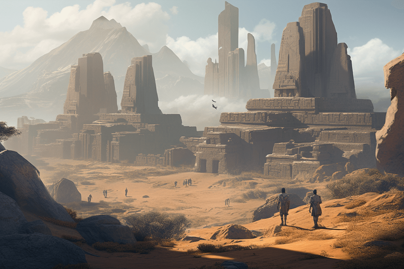 A group of AInauts exploring the ruins of an ancient civilization on a distant planet, with towering statues and temples all around them.