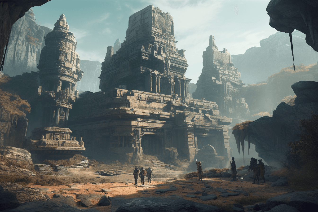 A group of AInauts exploring the ruins of an ancient civilization on a distant planet, with towering statues and temples all around them.