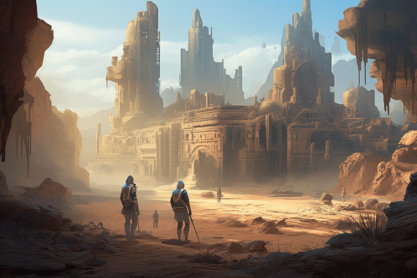 A group of AInauts exploring the ruins of an ancient civilization on a distant planet, with towering statues and temples all around them.