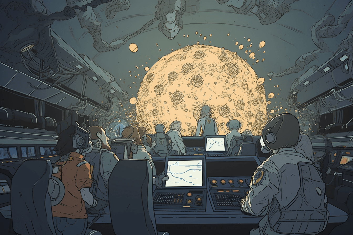 A group of AInauts in a space station watching as a massive asteroid hurtles towards Earth, with only their AI and technology to save them.