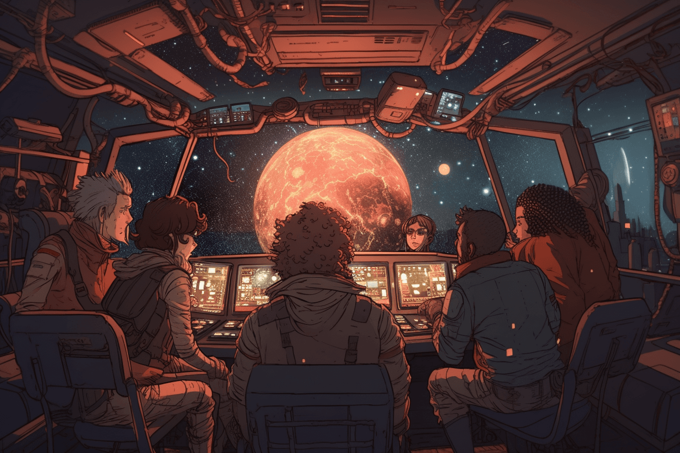 A group of AInauts in a space station watching as a massive asteroid hurtles towards Earth, with only their AI and technology to save them.