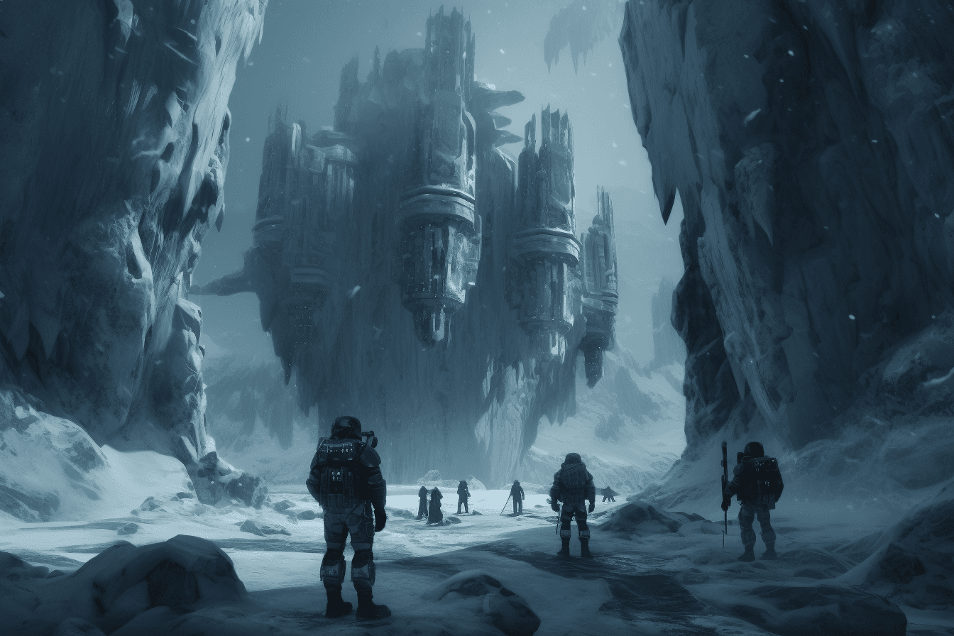 A group of AInauts in high-tech suits exploring a frozen wasteland on a distant planet, with towering ice formations all around them.