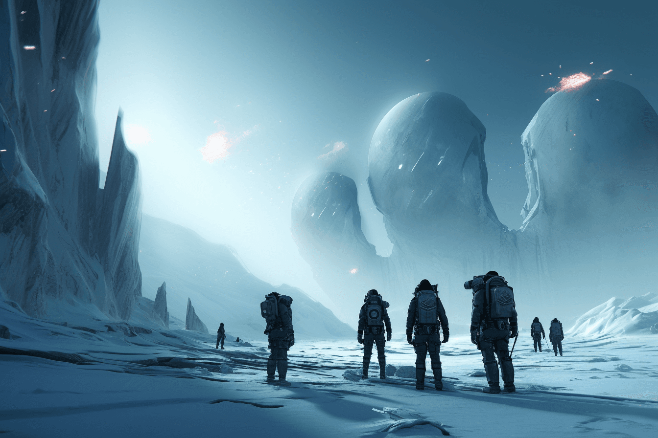 A group of AInauts in high-tech suits exploring a frozen wasteland on a distant planet, with towering ice formations all around them.