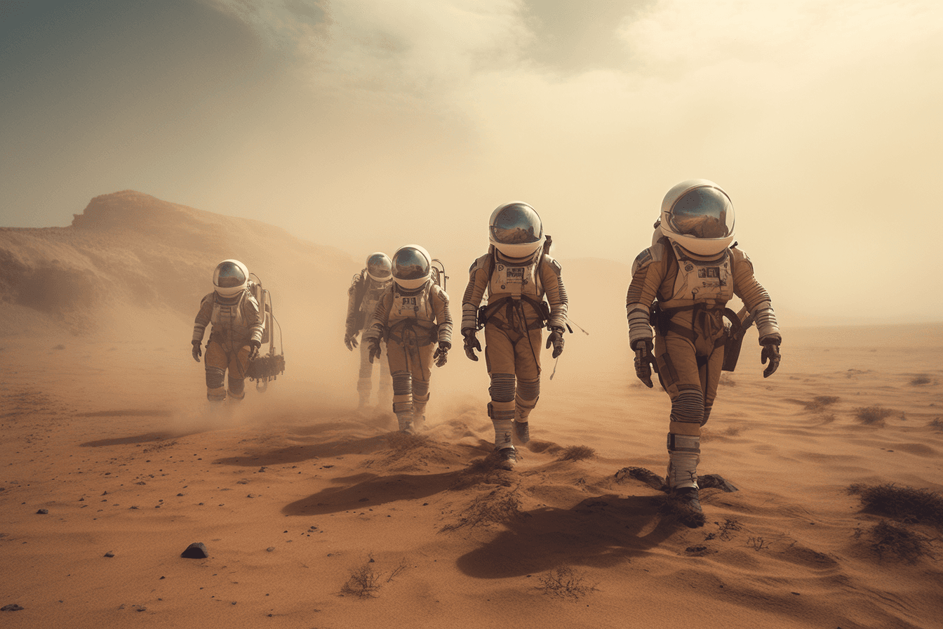 A group of AInauts in high-tech suits exploring the surface of a desert planet, with a massive sandstorm brewing in the distance.