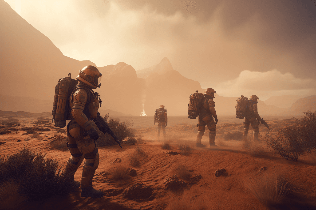 A group of AInauts in high-tech suits exploring the surface of a desert planet, with a massive sandstorm brewing in the distance.