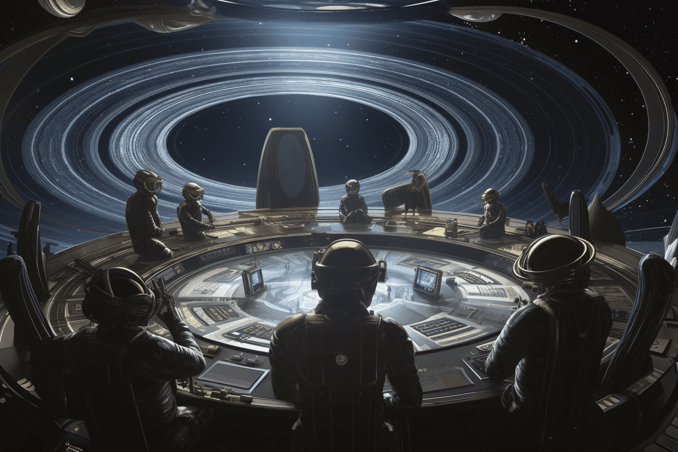 A group of AInauts observing the rings of Saturn from a high-tech space station, surrounded by stars and galaxies.