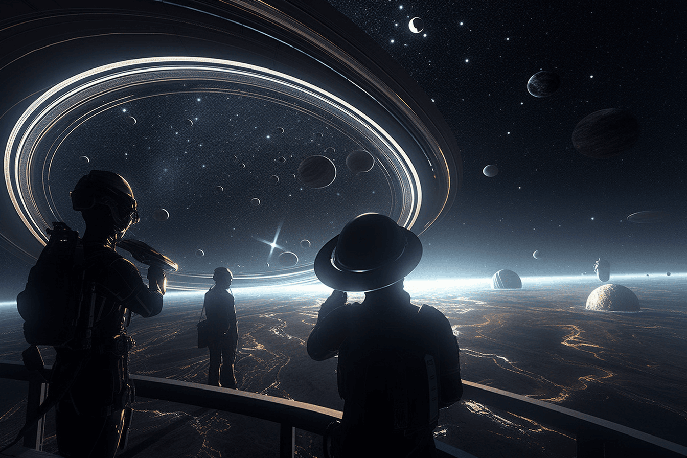 A group of AInauts observing the rings of Saturn from a high-tech space station, surrounded by stars and galaxies.