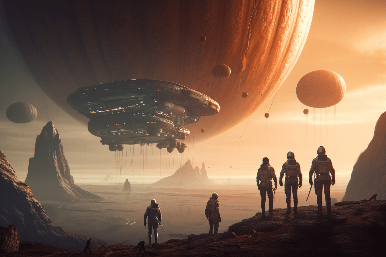 A group of AInauts standing on the surface of a distant planet, looking up at a massive, alien structure looming in the distance.