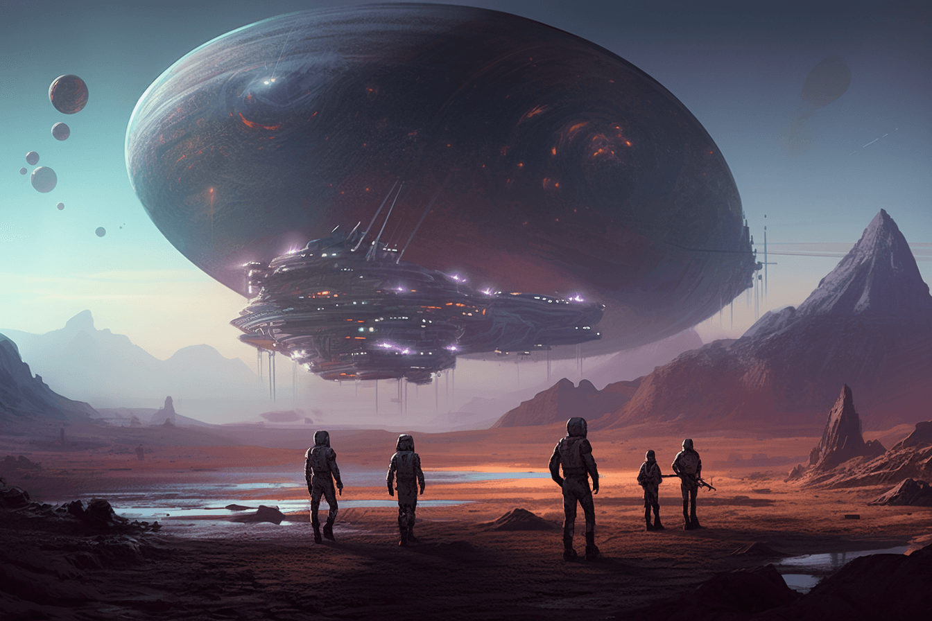 A group of AInauts standing on the surface of a distant planet, with a massive, alien structure towering above them.