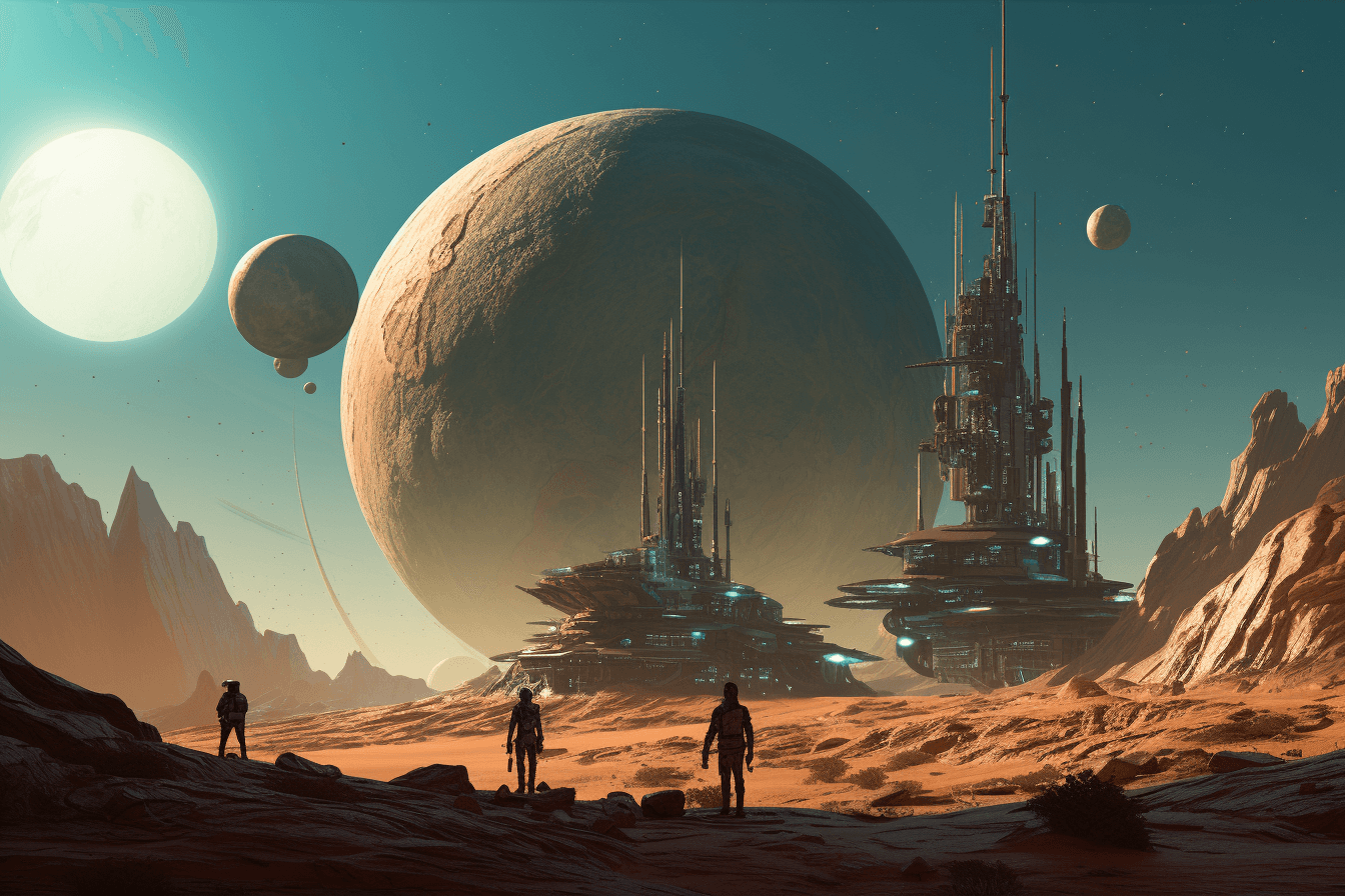 A group of AInauts standing on the surface of a distant planet, with a massive, alien structure towering above them.