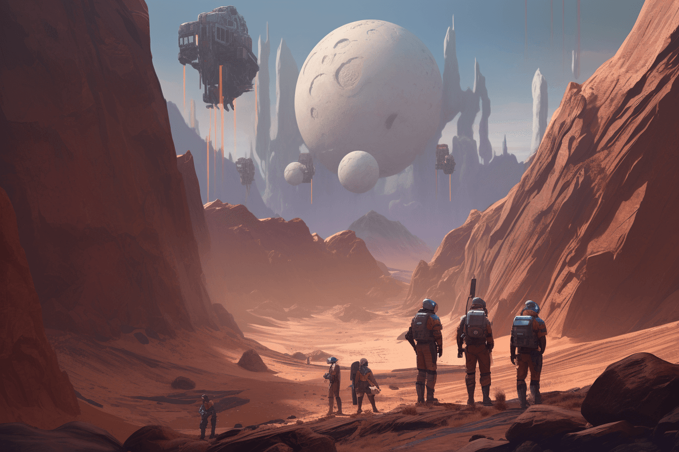 A group of AInauts standing on the surface of a massive, rocky planet, with towering mountains and deep canyons all around them.