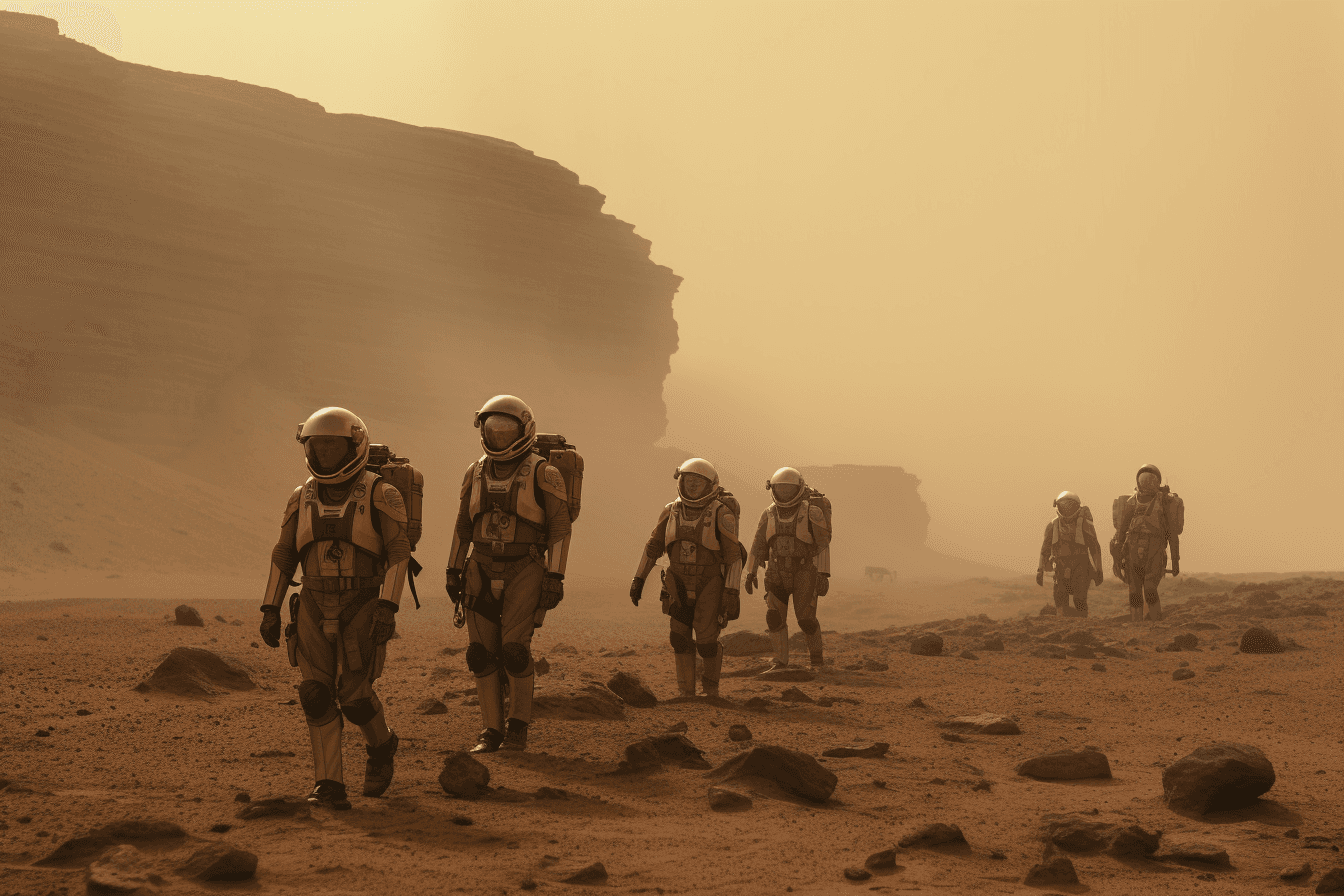 A group of AInauts standing on the surface of a red planet, with towering dust storms raging in the distance.