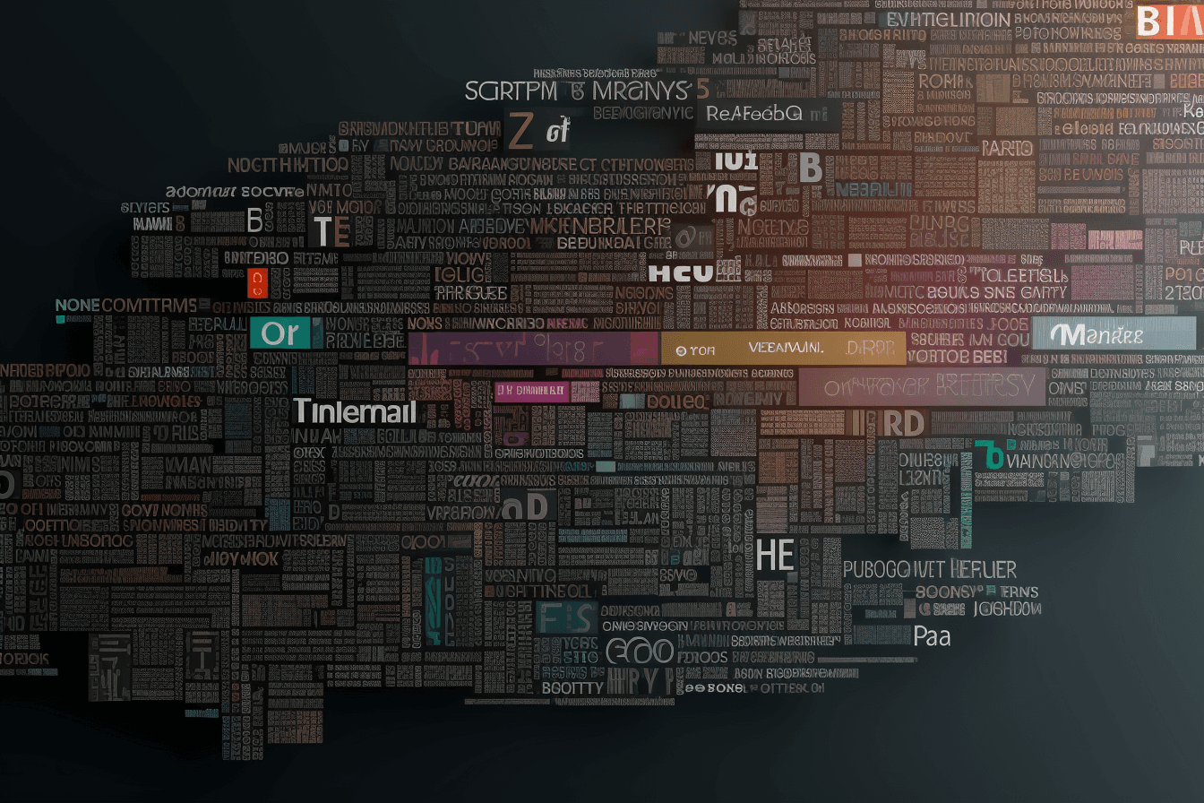 A minimalist design featuring AI-related buzzwords in different fonts and colors