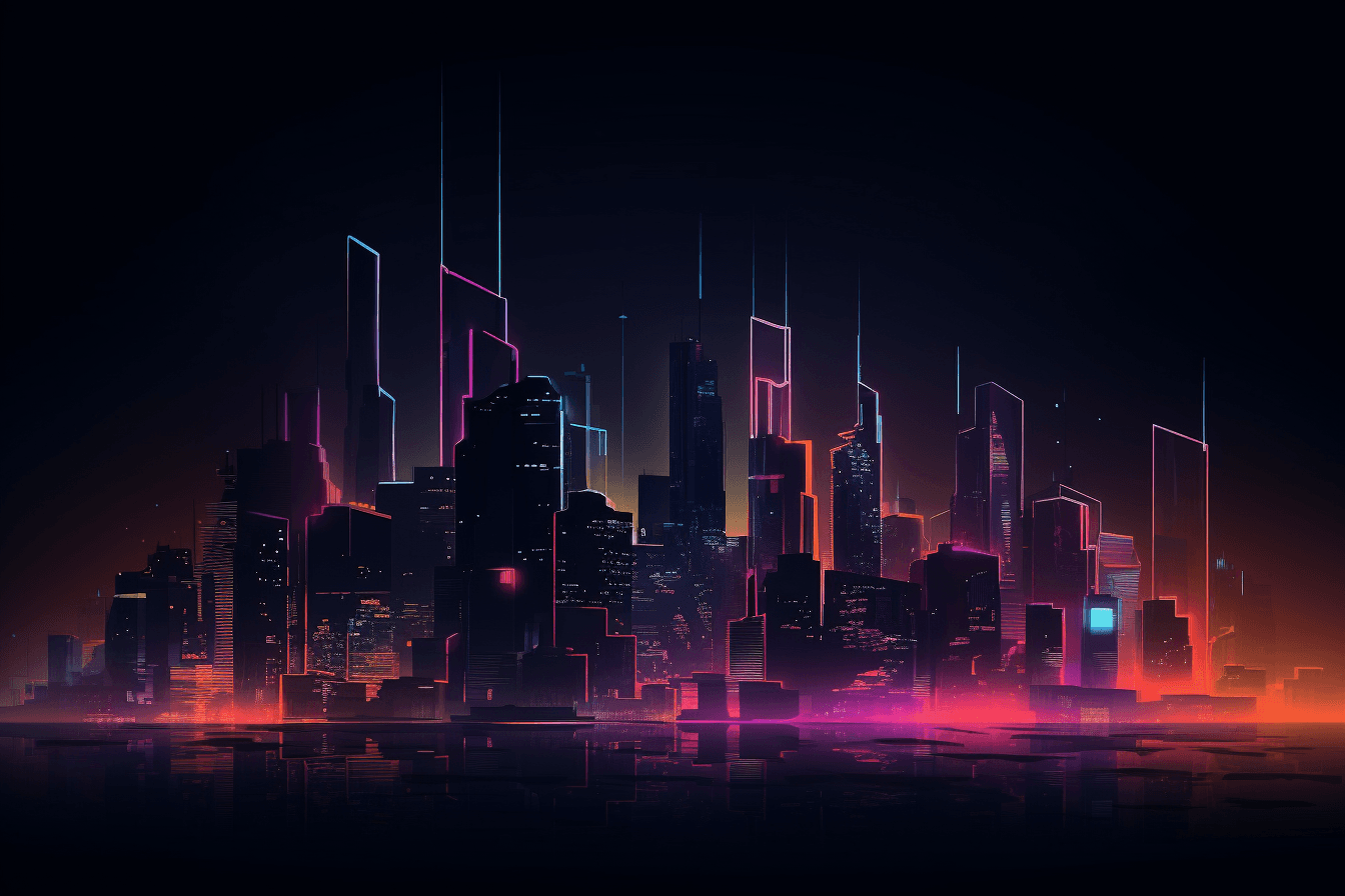 A minimalist graphic of a futuristic cityscape, with glowing neon lights and a dark and moody color scheme.