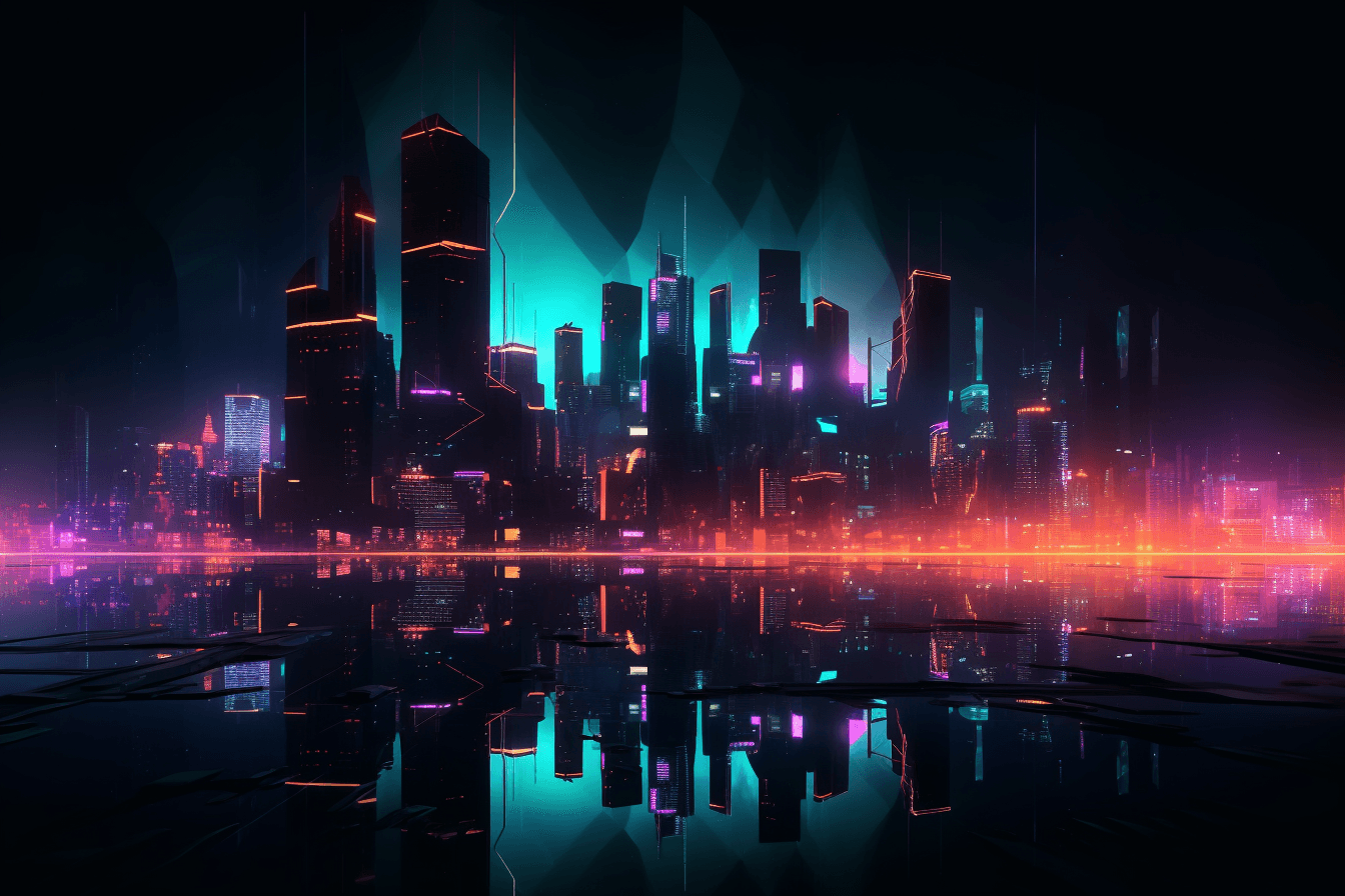 A minimalist graphic of a futuristic cityscape, with glowing neon lights and a dark and moody color scheme.