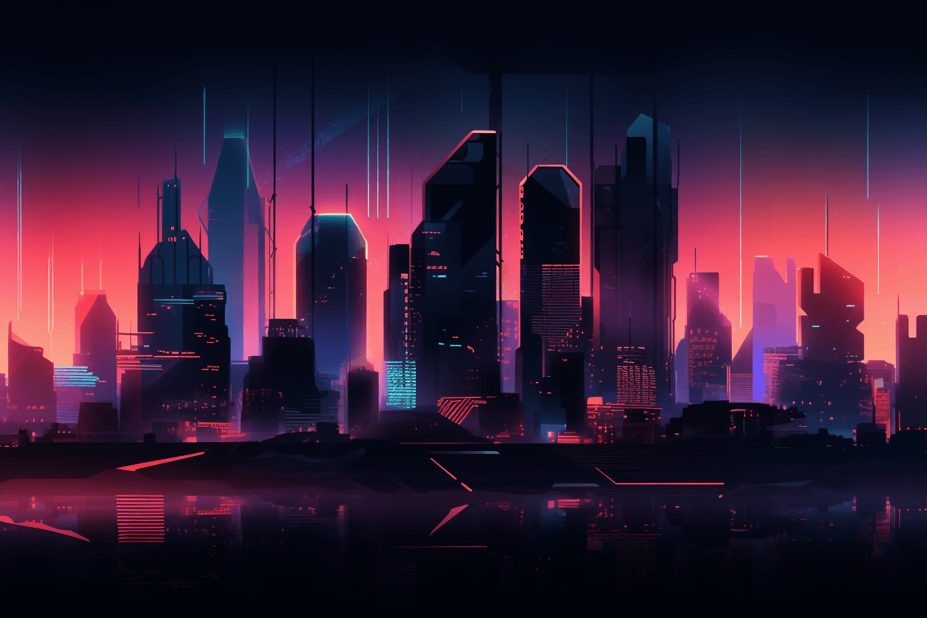 A minimalist graphic of a futuristic cityscape, with glowing neon lights and a dark and moody color scheme.