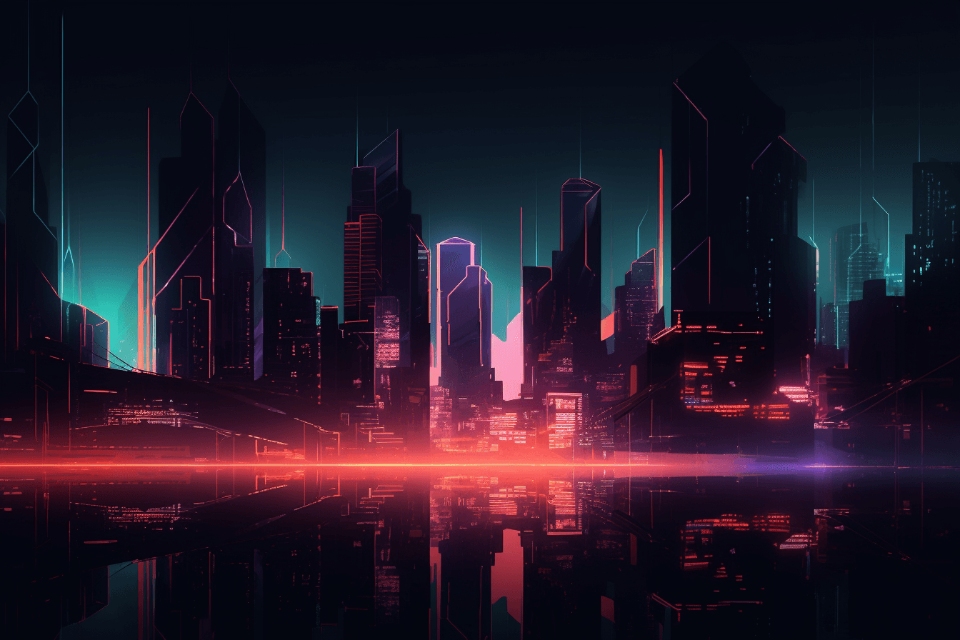 A minimalist graphic of a futuristic cityscape, with glowing neon lights and a dark and moody color scheme.