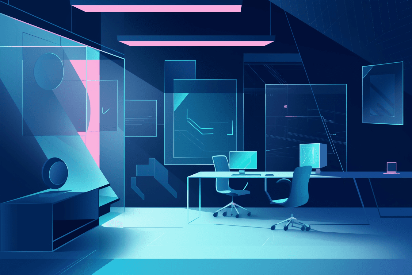 A minimalist graphic of a futuristic workspace, with sleek lines and a modern color scheme.