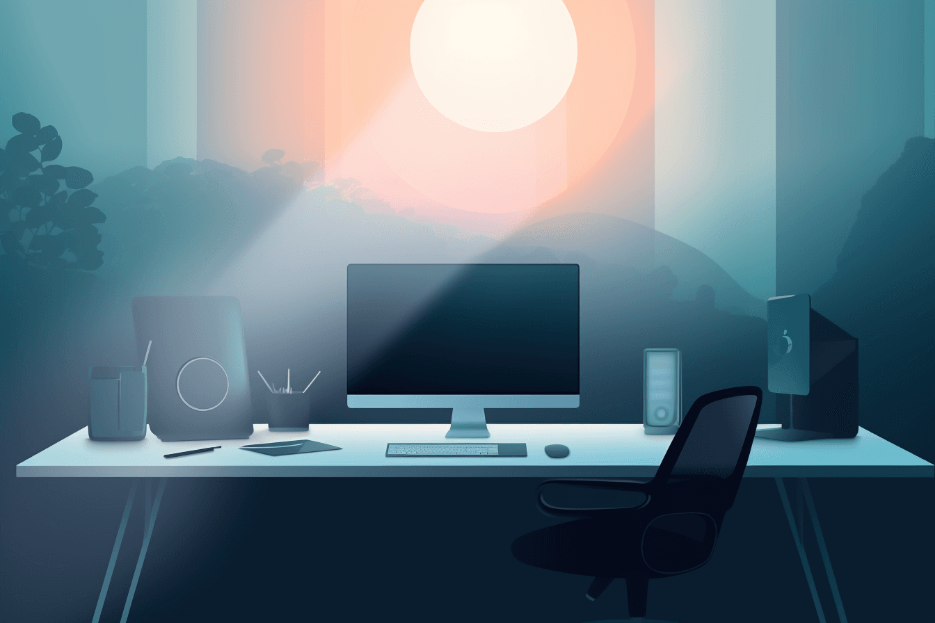 A minimalist graphic of a futuristic workspace, with sleek lines and a modern color scheme.