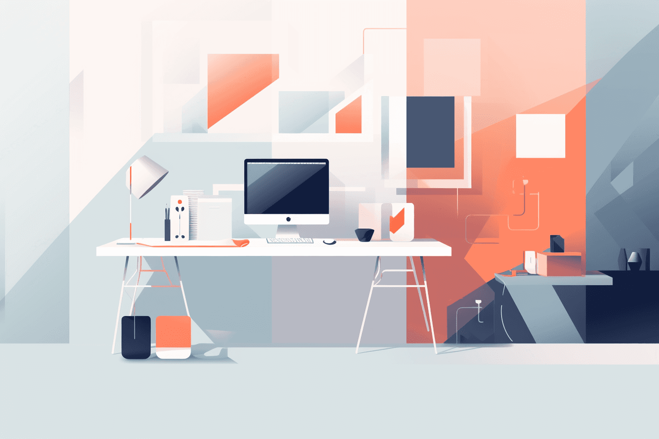 A minimalist graphic of a futuristic workspace, with sleek lines and a modern color scheme.