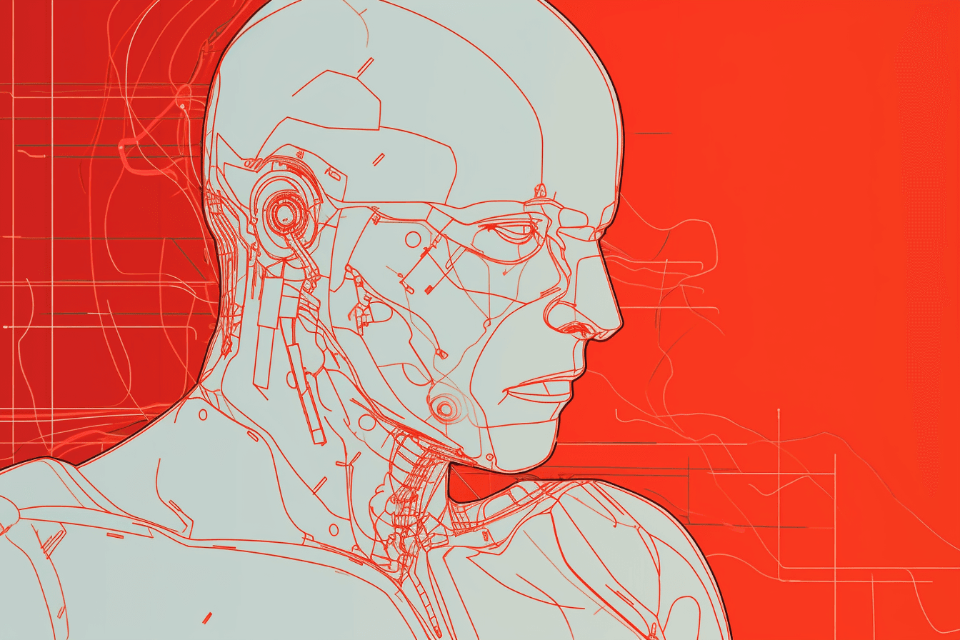 A minimalist wallpaper with a single line drawing of a cyborg, in a striking color such as bright red or blue.