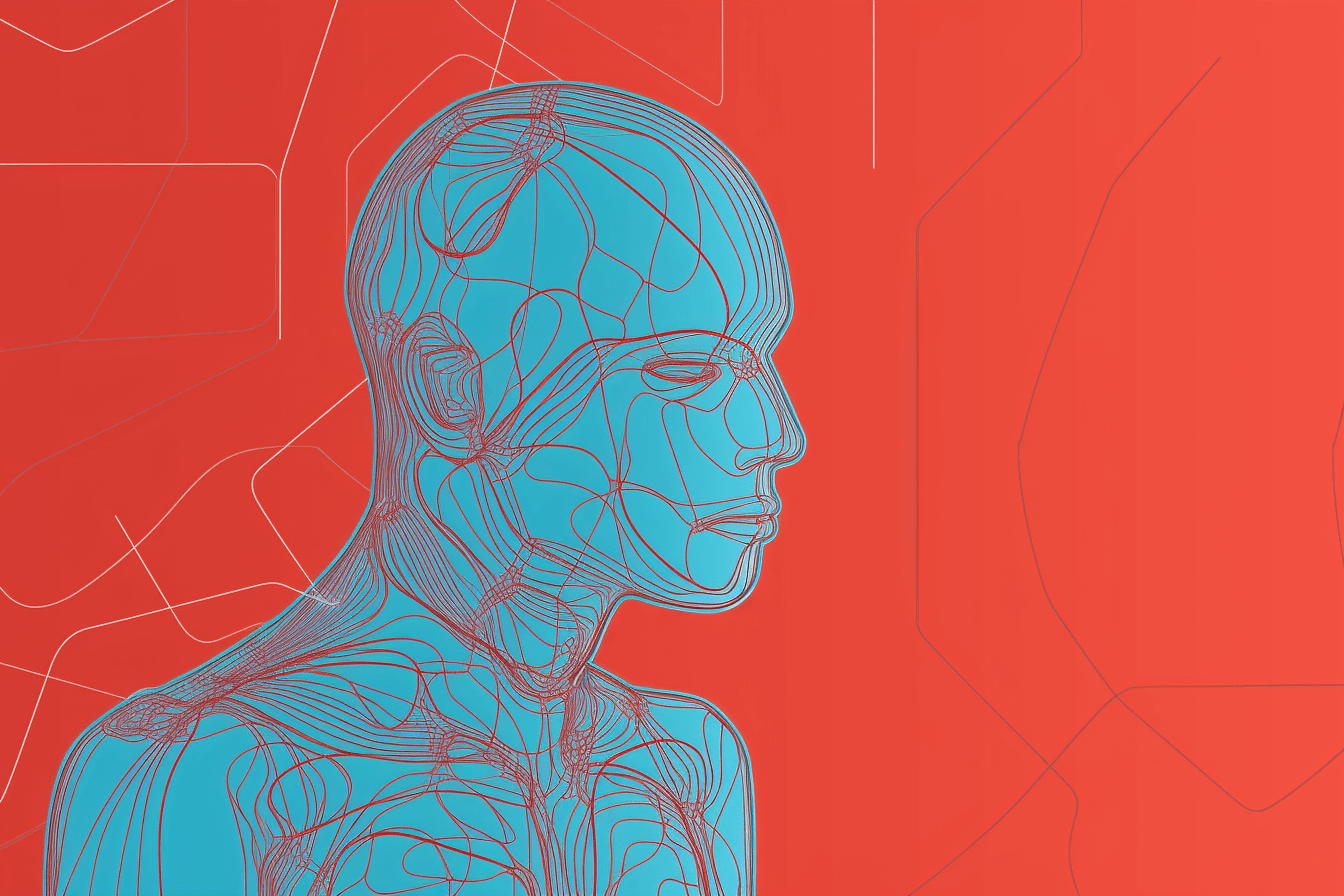 A minimalist wallpaper with a single line drawing of a cyborg, in a striking color such as bright red or blue.