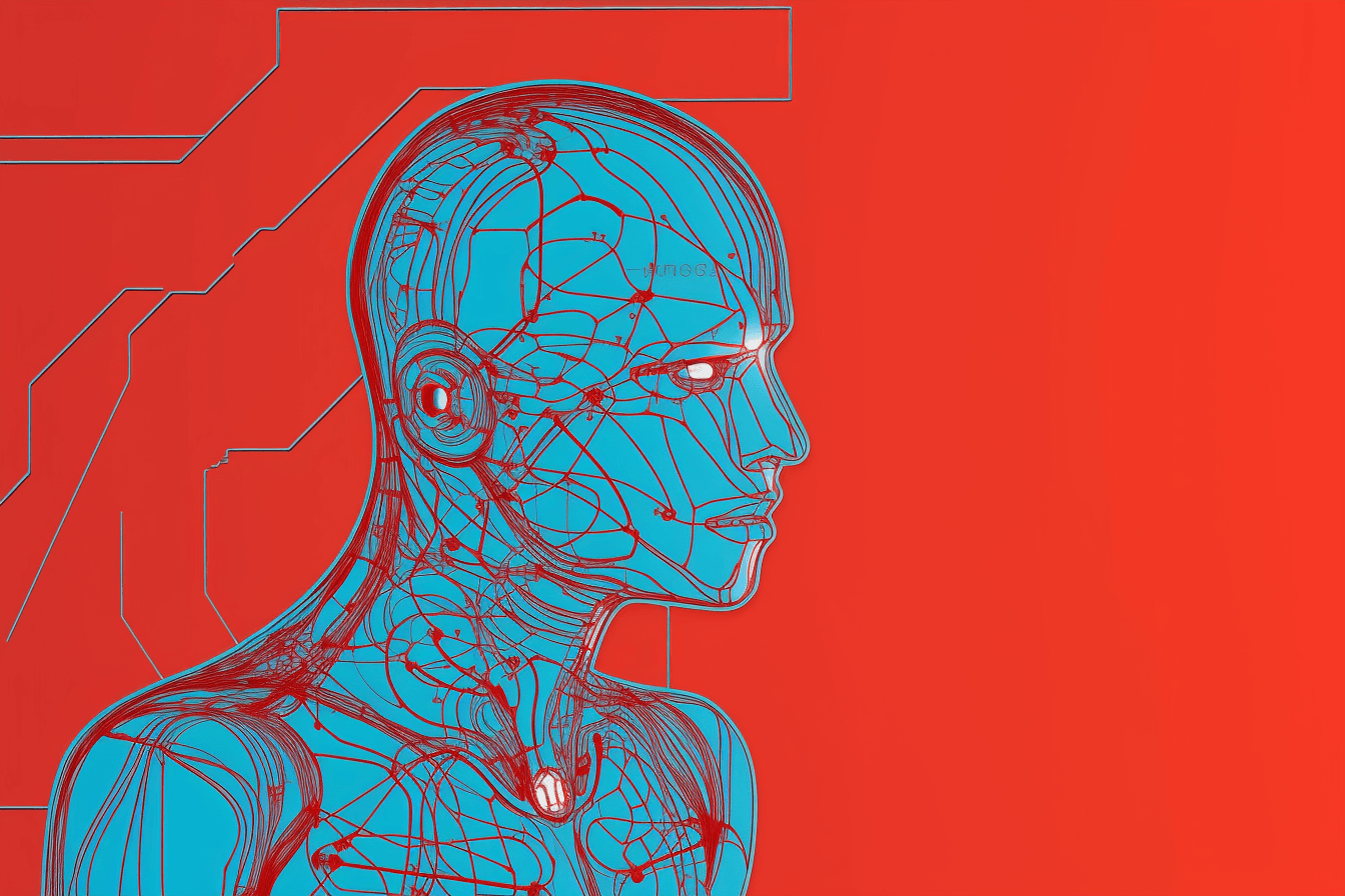 A minimalist wallpaper with a single line drawing of a cyborg, in a striking color such as bright red or blue.