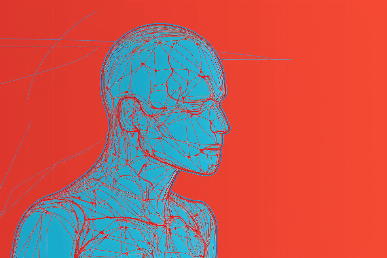 A minimalist wallpaper with a single line drawing of a cyborg, in a striking color such as bright red or blue.