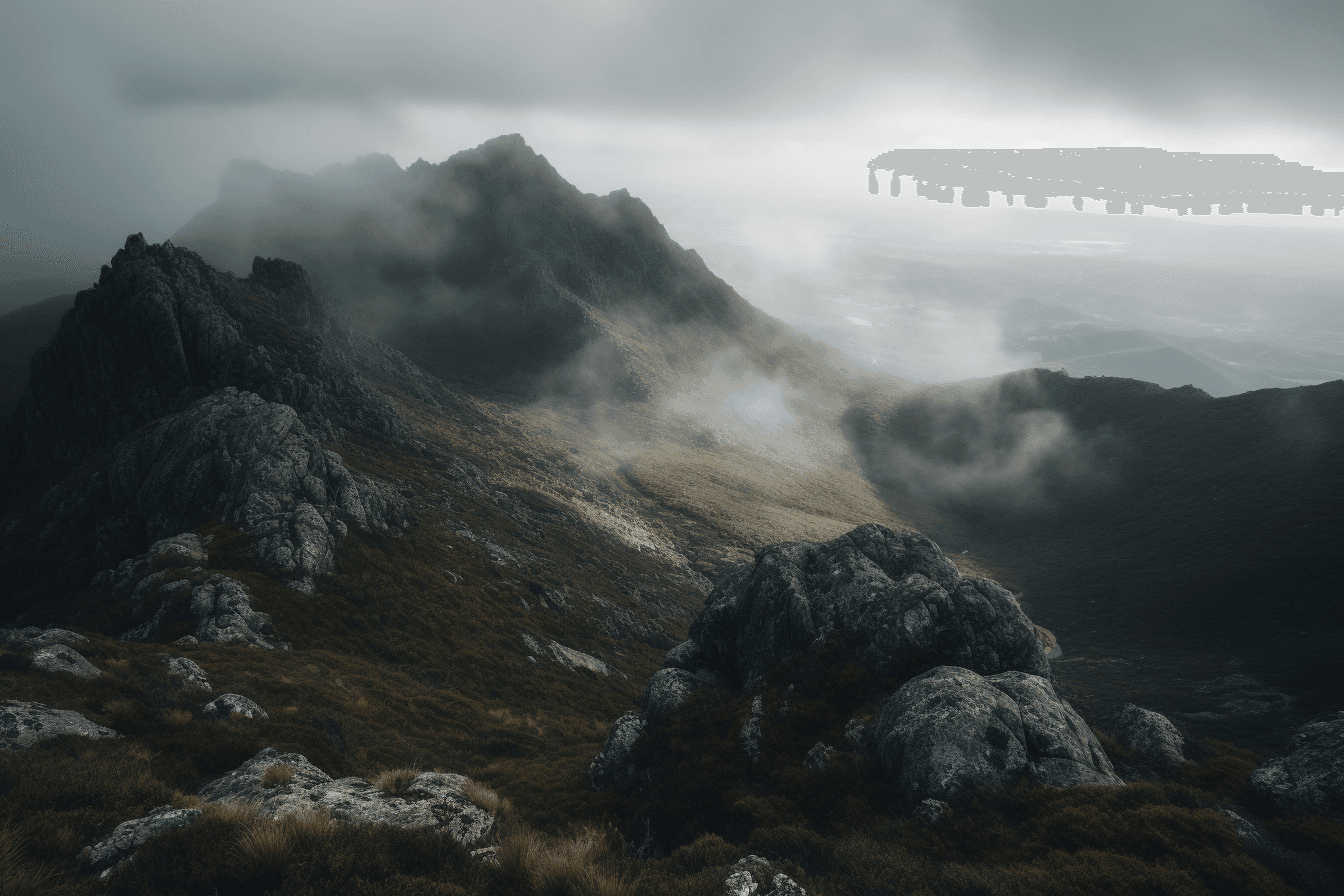 A panoramic image of a mountain range, with mist and clouds drifting through the peaks.