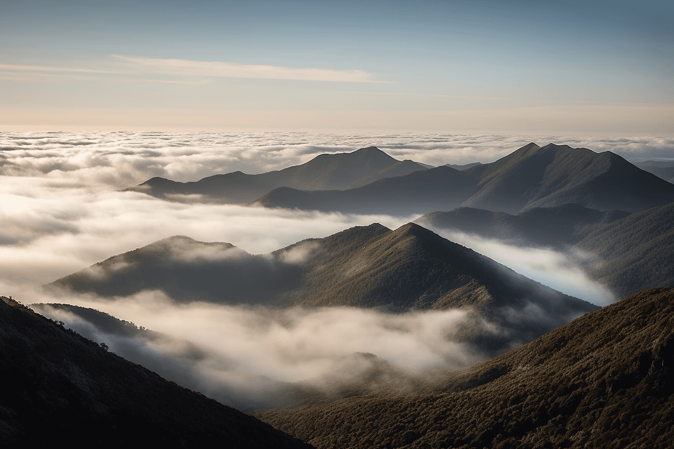 A panoramic image of a mountain range, with mist and clouds drifting through the peaks.