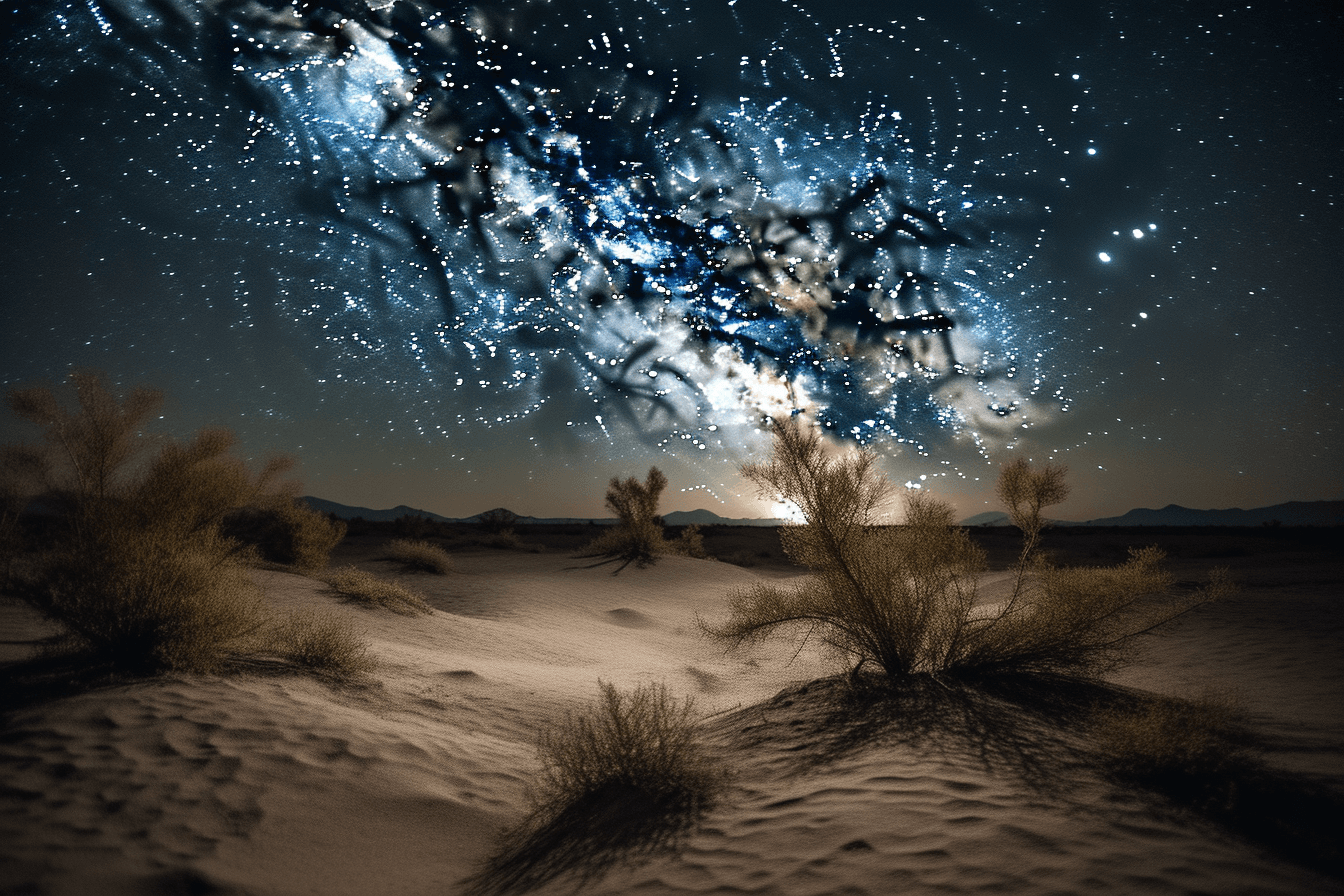 A photograph of a desert landscape at night, with the stars visible in the sky above.