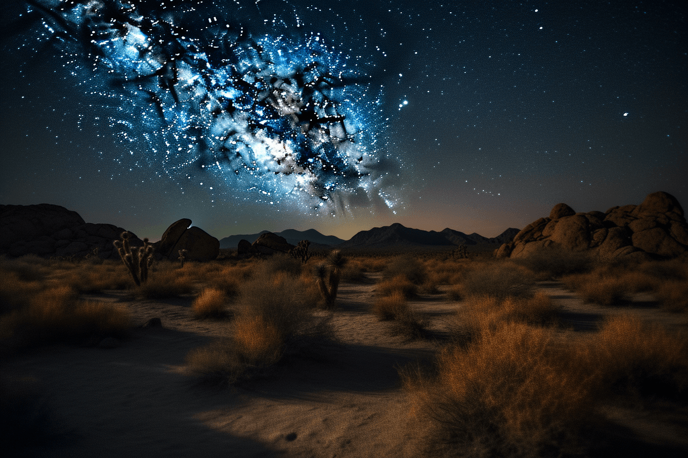 A photograph of a desert landscape at night, with the stars visible in the sky above.