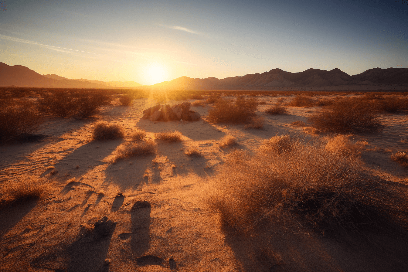 A photograph of a desert landscape at sunset, with warm colors and long shadows.