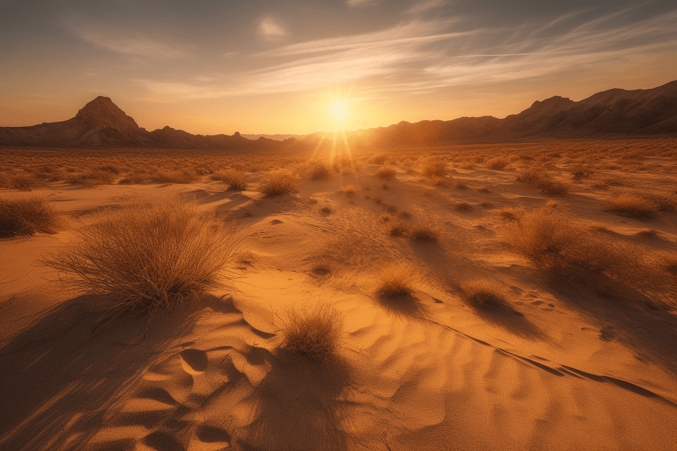 A photograph of a desert landscape at sunset, with warm colors and long shadows.