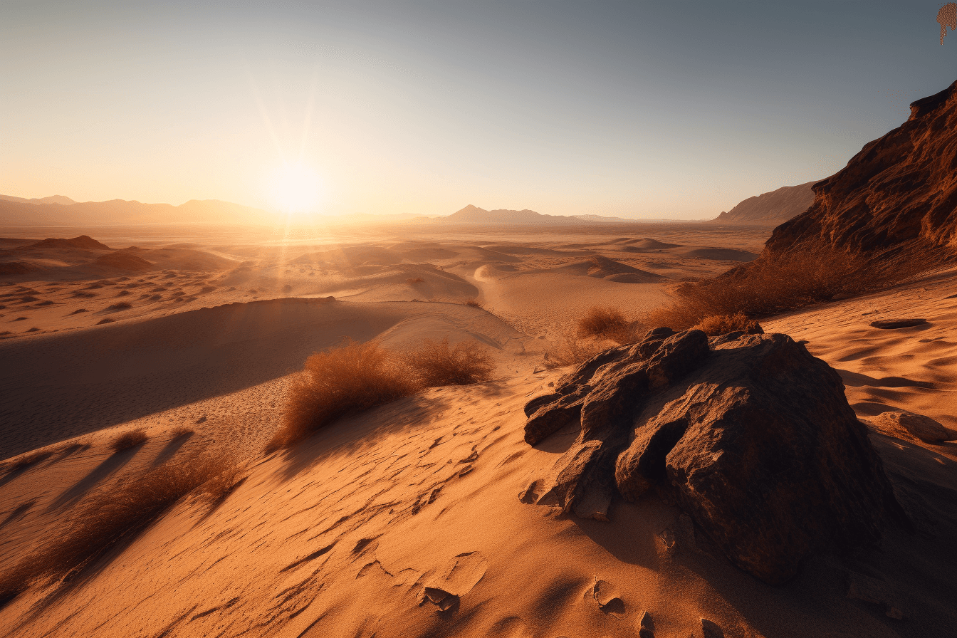 A photograph of a desert landscape at sunset, with warm colors and long shadows.