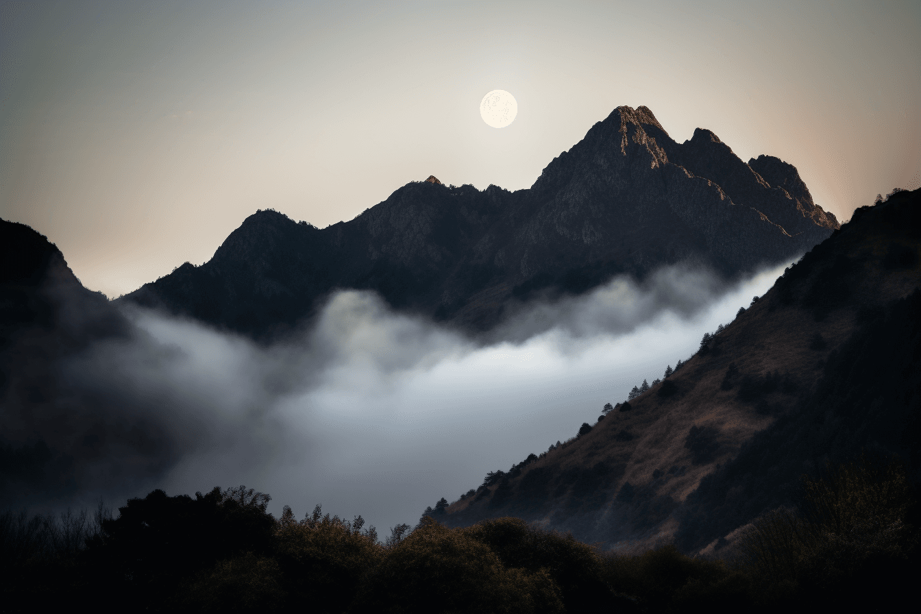 A photograph of a full moon rising over a mountain range, with mist and clouds adding to the sense of mystery.